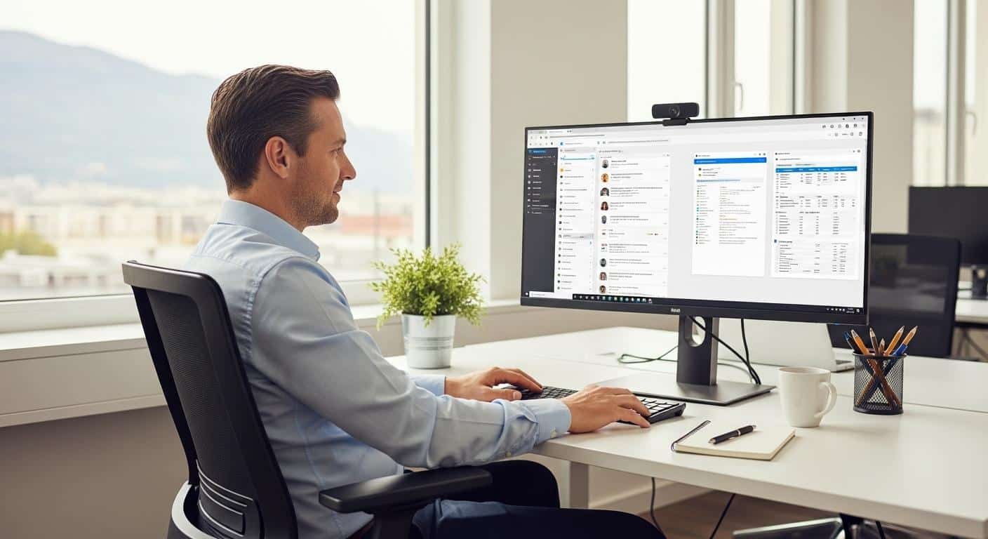 Un gestionnaire de bureau grenoblois assis devant son ordinateur, échangeant par messagerie sécurisée avec son équipe dans un environnement de travail moderne et lumineux, des dossiers partagés ouverts à l’écran, une ambiance de collaboration efficace et sereine.