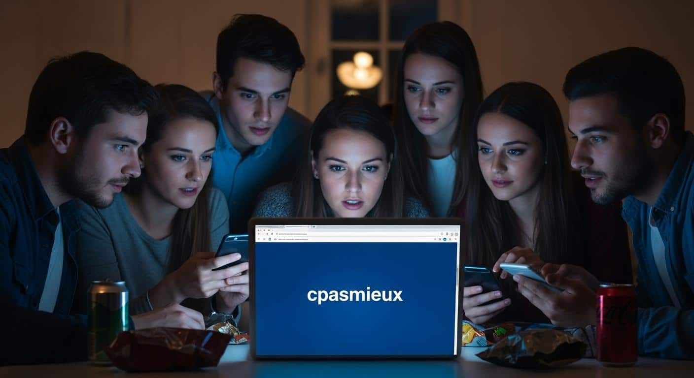 Un groupe de jeunes adultes, assis autour d’un ordinateur portable en soirée, suivent et partagent activement une nouvelle adresse cpasmieux affichée sur l’écran, échangeant des messages sur un groupe de discussion animé alors que la lumière bleutée de l’écran éclaire leurs visages concentrés.