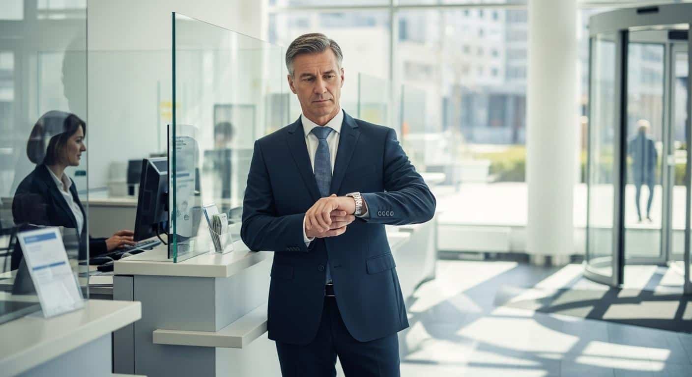 Un homme d’une cinquantaine d’années, en costume, attend debout devant le guichet d’une agence bancaire moderne. Il regarde sa montre, l’air pensif, tandis qu’un conseiller derrière la vitre échange avec un autre client. La lumière du jour entre par de grandes baies vitrées, soulignant l’atmosphère sérieuse et la file d’attente.