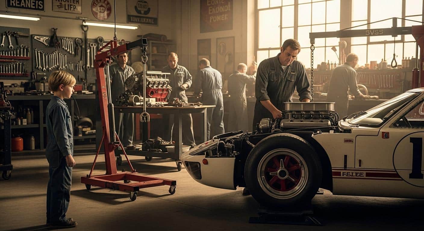 Un jeune garçon blond, Peter Miles, debout dans un atelier automobile californien des années 1960, observe son père Ken Miles préparer une Ford GT40 entouré d’outils et de mécaniciens, sous une lumière dorée du soir.