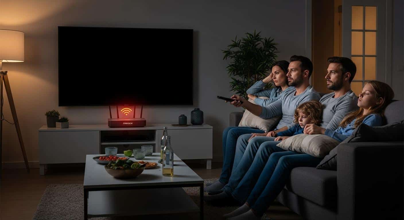 Un salon en soirée, écran de télévision noir, une Freebox posée sur un meuble avec un voyant lumineux orange ou rouge, une famille assise, visages déçus, télécommande posée, ambiance d’attente et frustration.