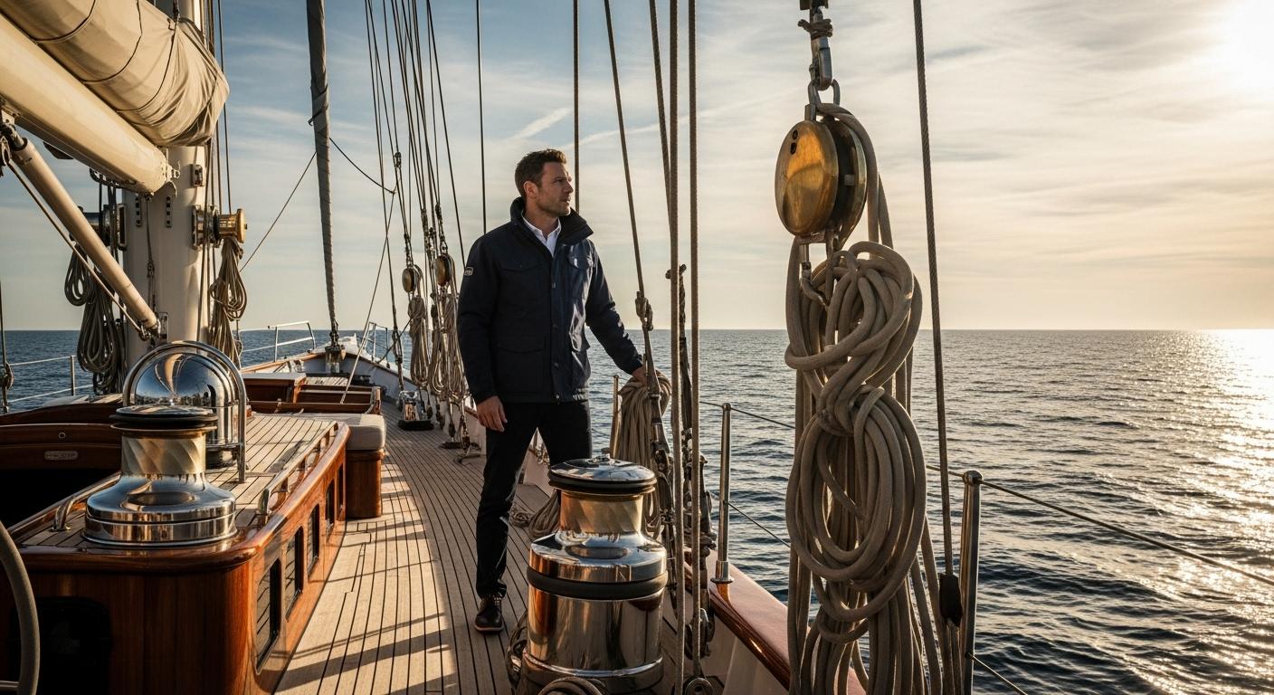 Un yachtman en veste marine surveille l’horizon sur le pont d’un grand voilier de luxe, encadré par des cordages et les équipements du navire, avec la mer scintillante à perte de vue