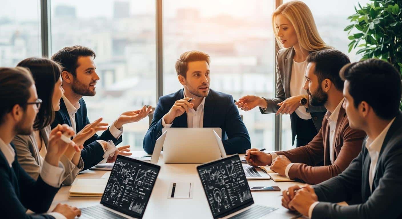 Une équipe de professionnels en réunion autour d'une table, ordinateurs portables ouverts, consultant une interface de rédaction sur écran et échangeant des idées, ambiance dynamique de bureau moderne