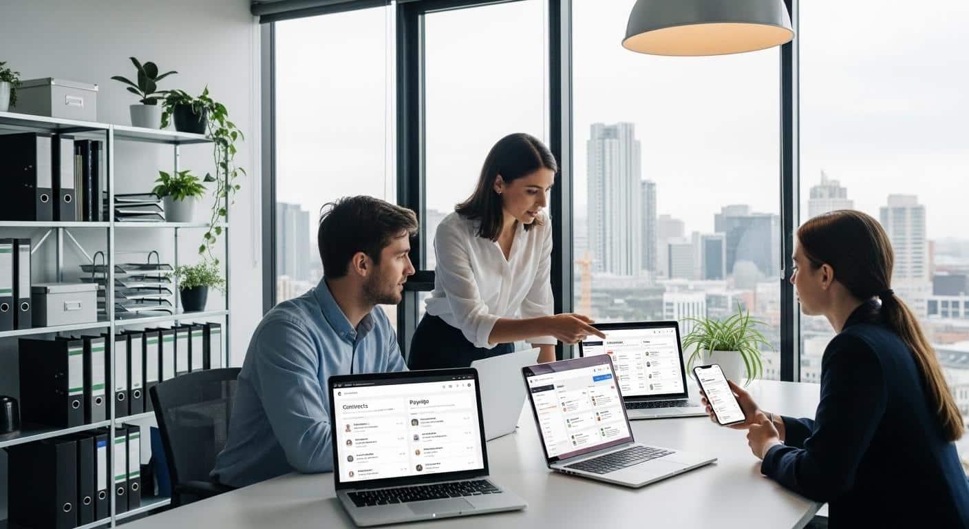 Une équipe de ressources humaines dans un bureau moderne consulte sur des ordinateurs et des smartphones une plateforme numérique centralisée affichant des contrats et bulletins de paie, avec des dossiers physiques rangés au second plan.