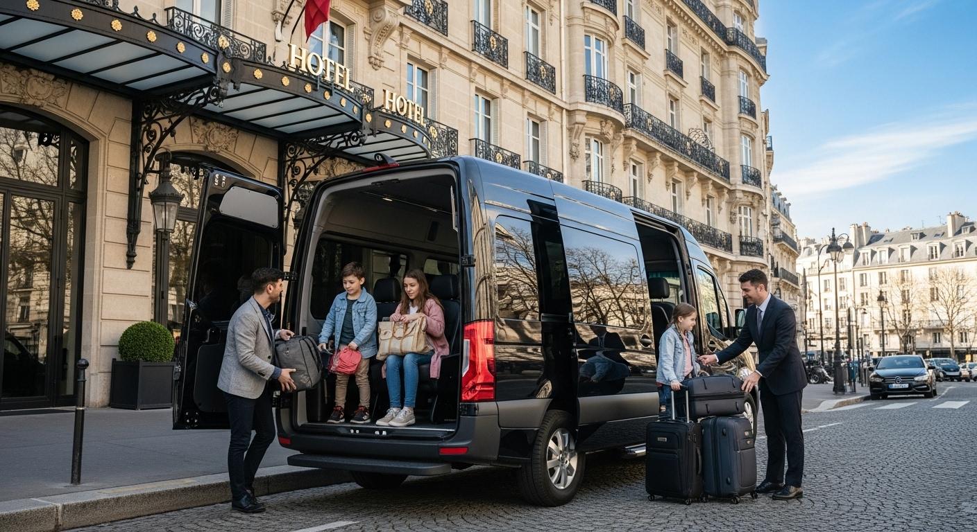 Une famille avec enfants et bagages s'installe confortablement dans un van noir devant un hôtel parisien, pendant qu’un chauffeur souriant les aide à charger leurs valises, sous un ciel dégagé.
