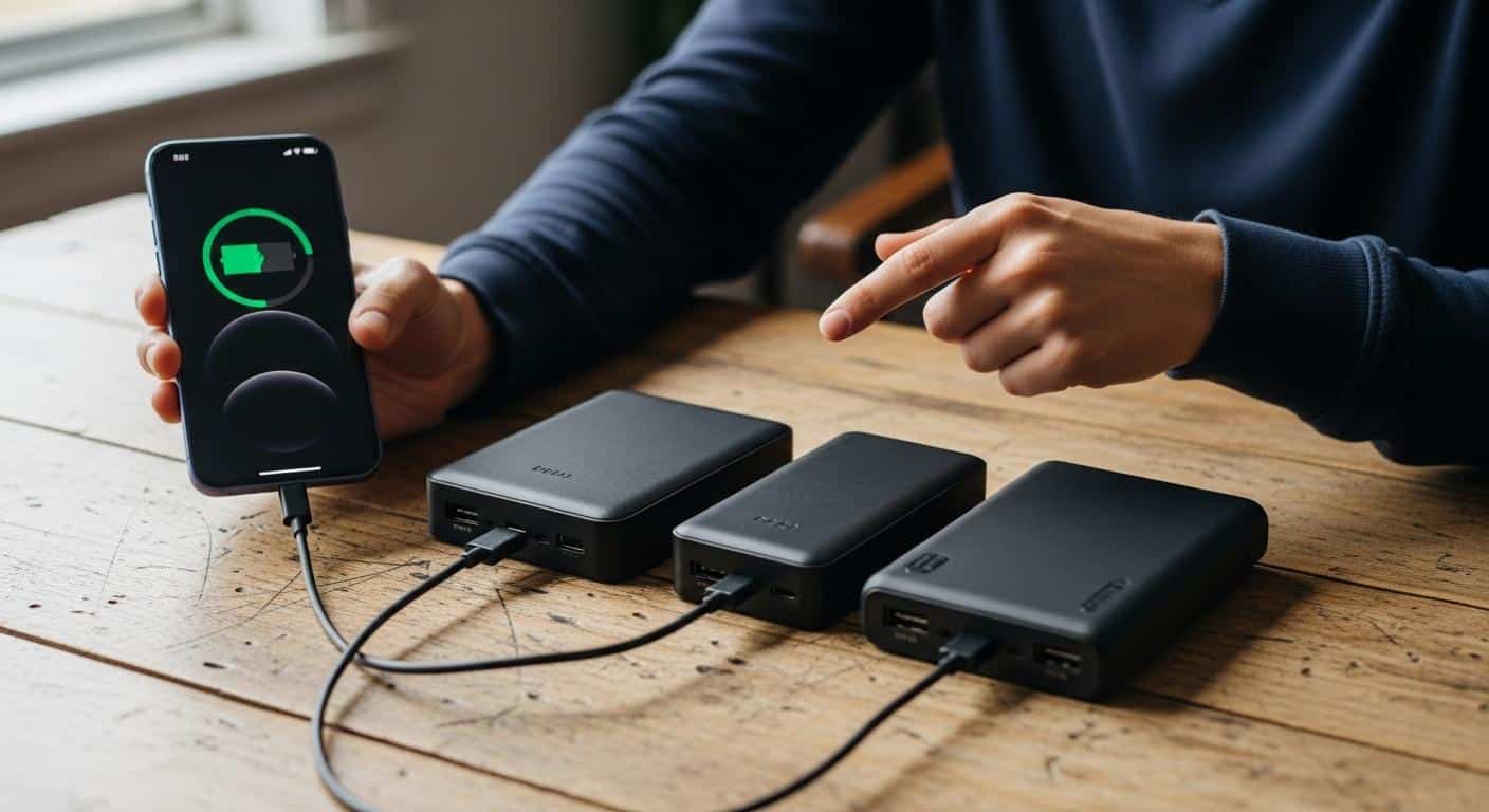 Une personne compare plusieurs batteries externes de tailles différentes sur une table en bois, tenant un smartphone moderne à côté pour évaluer leur capacité de recharge.