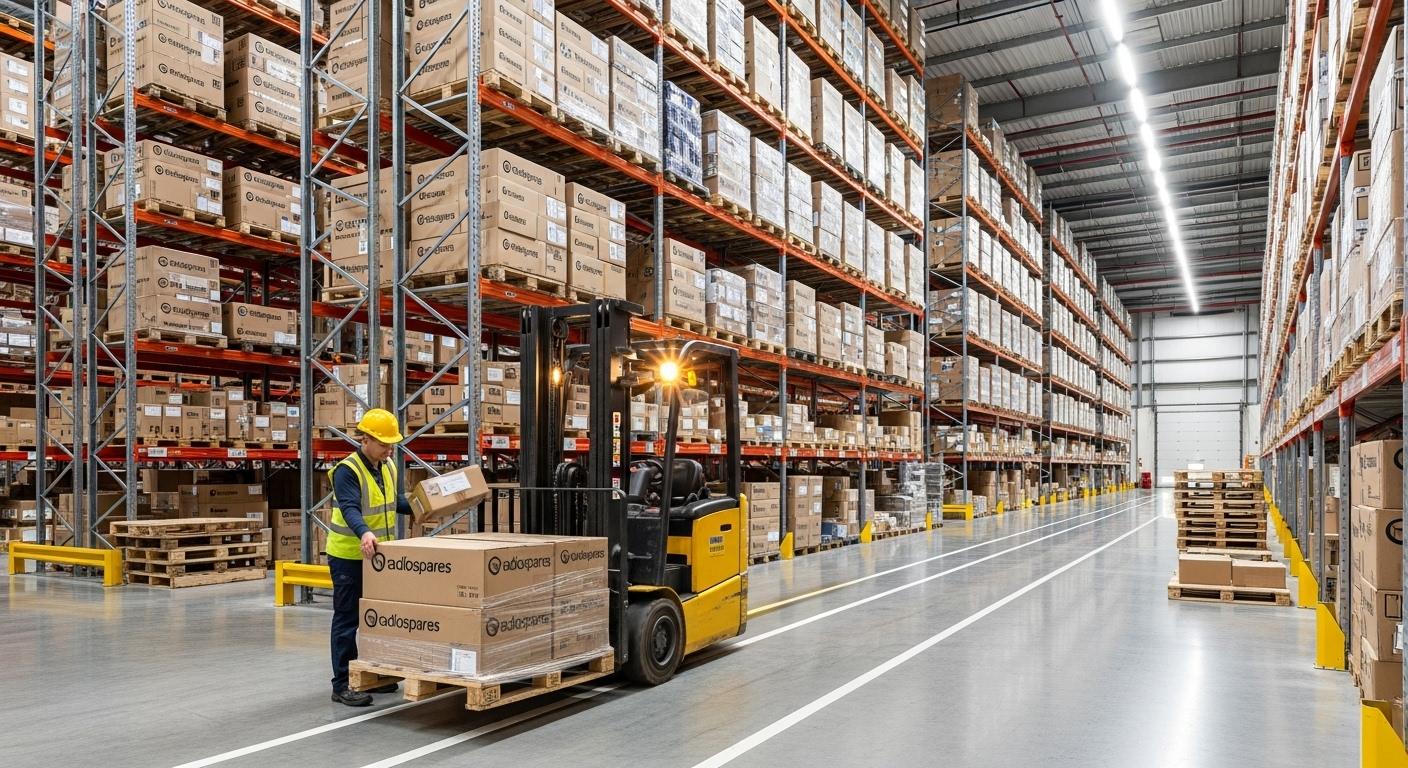 Une photo de l’intérieur spacieux d’un entrepôt moderne, avec des rayonnages métalliques remplis de cartons siglés Radiospares, un chariot élévateur en mouvement entre les allées éclairées et un opérateur en gilet de sécurité manipulant des boîtes.