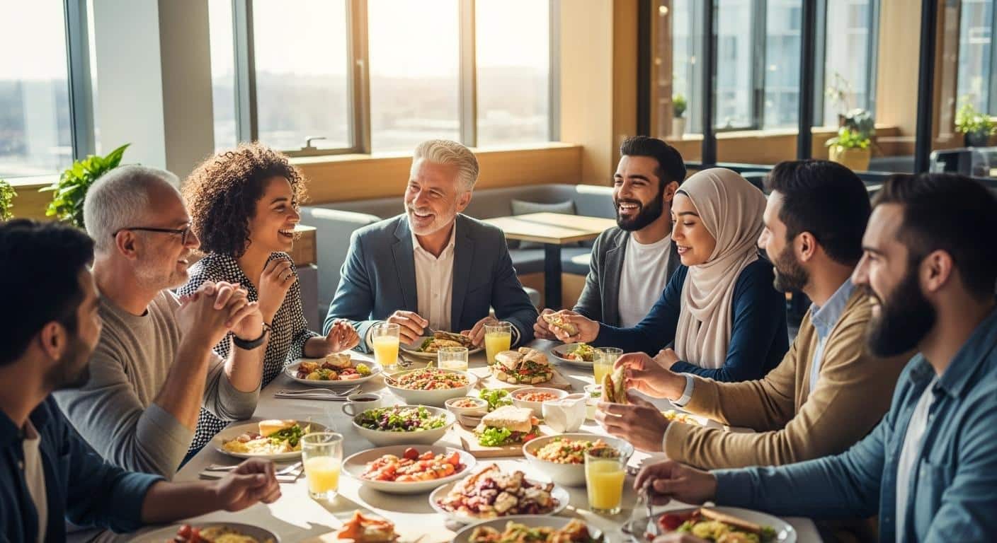 Des collègues d’âges et d’origines diverses assis ensemble autour d’une grande table dans un espace repas lumineux, partageant un déjeuner varié et riant ensemble, créant une ambiance conviviale et détendue illustrant la cohésion d’équipe