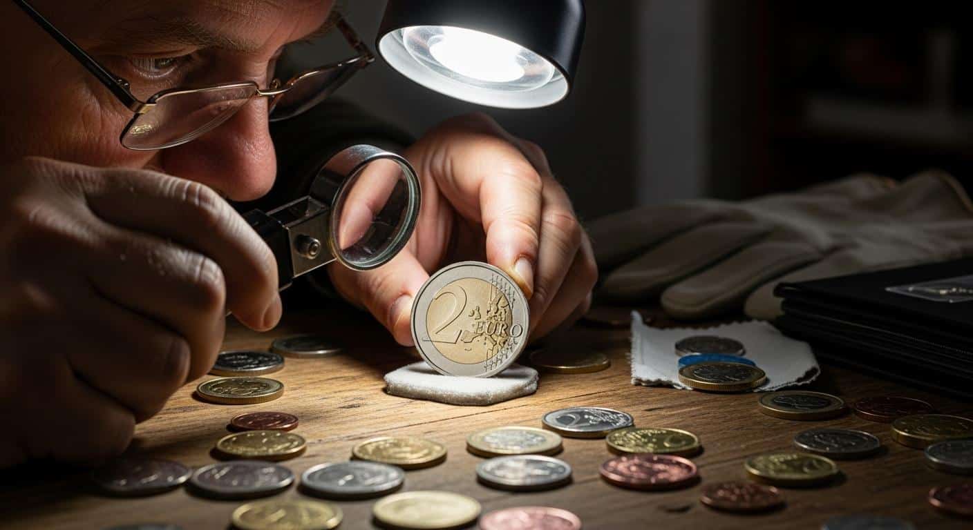 Un collectionneur scrute attentivement une pièce de 2 euros brillante sous une lumière vive, l'observant à la loupe pour détecter un détail rare, entouré d'autres pièces et outils de collection sur une table de bois