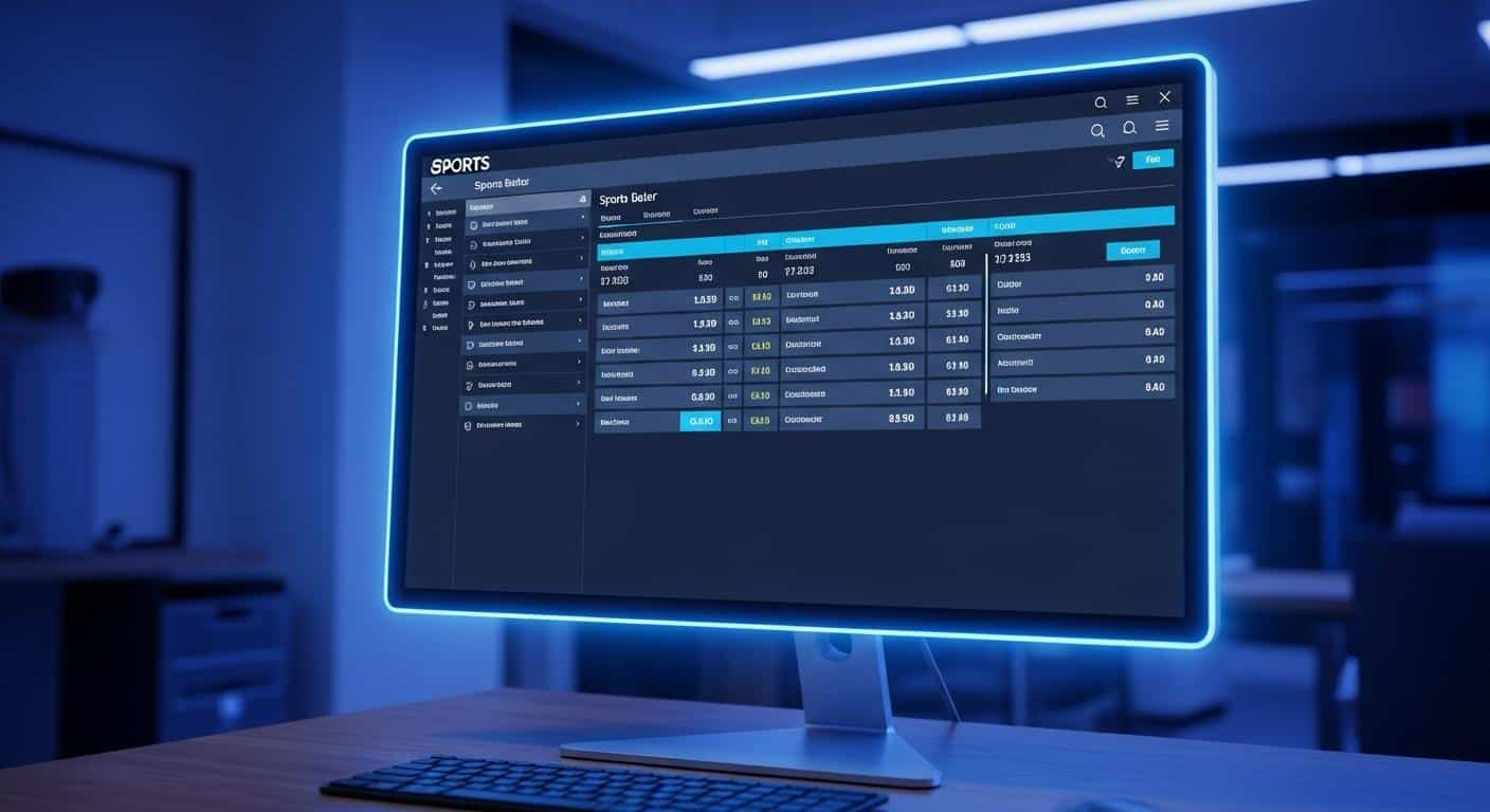 Un écran d’ordinateur en pleine luminosité bleutée, affichant une interface de paris sportifs épurée, avec des cotes bien visibles et sans publicité, dans une pièce moderne avec une légère ambiance de compétition