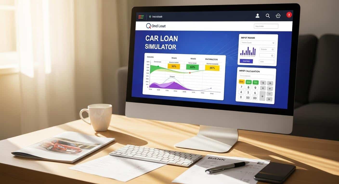 Un écran d’ordinateur sur une table de salon, affichant un simulateur de prêt auto en ligne avec des graphiques colorés, une calculatrice et des documents dispersés à côté, lumière naturelle du matin