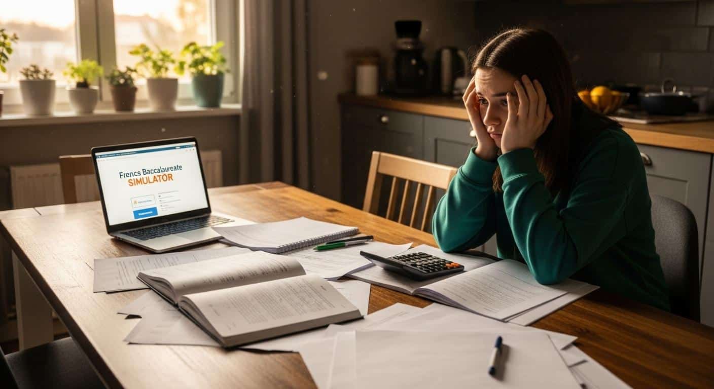 Un élève assis à une grande table de cuisine, entouré de feuilles de brouillon, carnet ouvert et calculatrice à la main, l'air concentré et anxieux, tandis que, derrière lui, un ordinateur portable affiche une page de simulateur de notes de bac, la lumière du soir filtrant par la fenêtre.