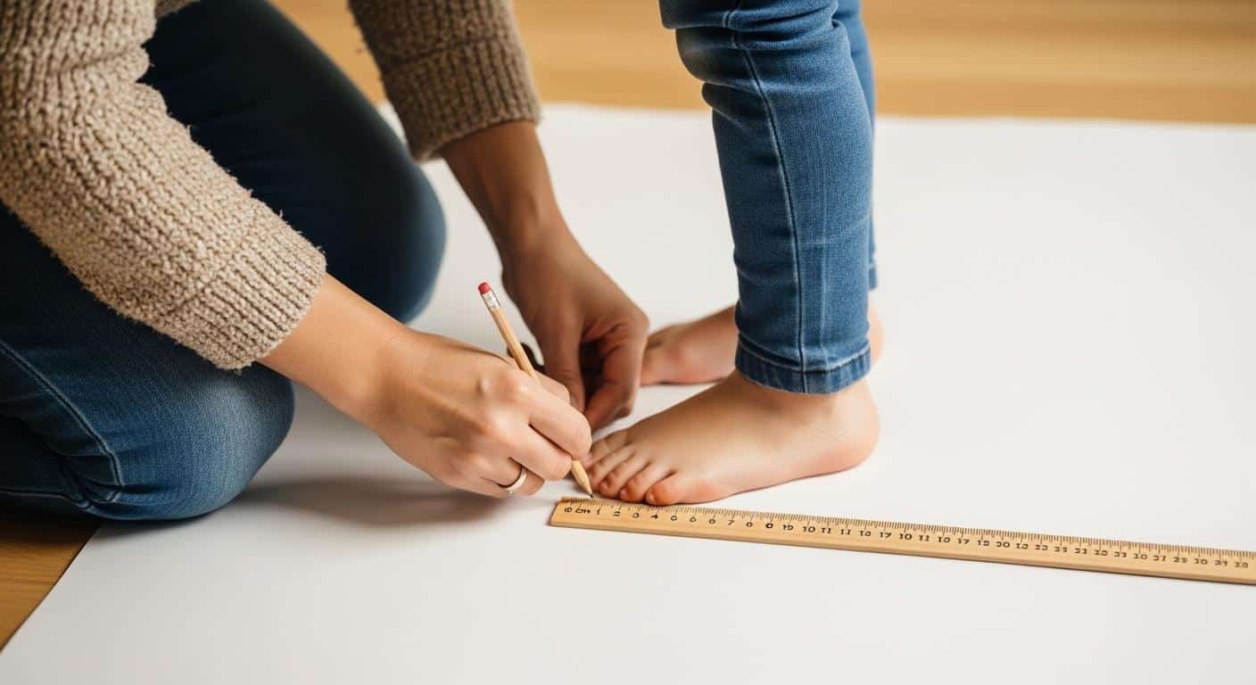 Un enfant debout sur une feuille de papier, un adulte marque le bout de ses orteils avec un crayon pour mesurer précisément la longueur du pied, une règle à côté indique les centimètres
