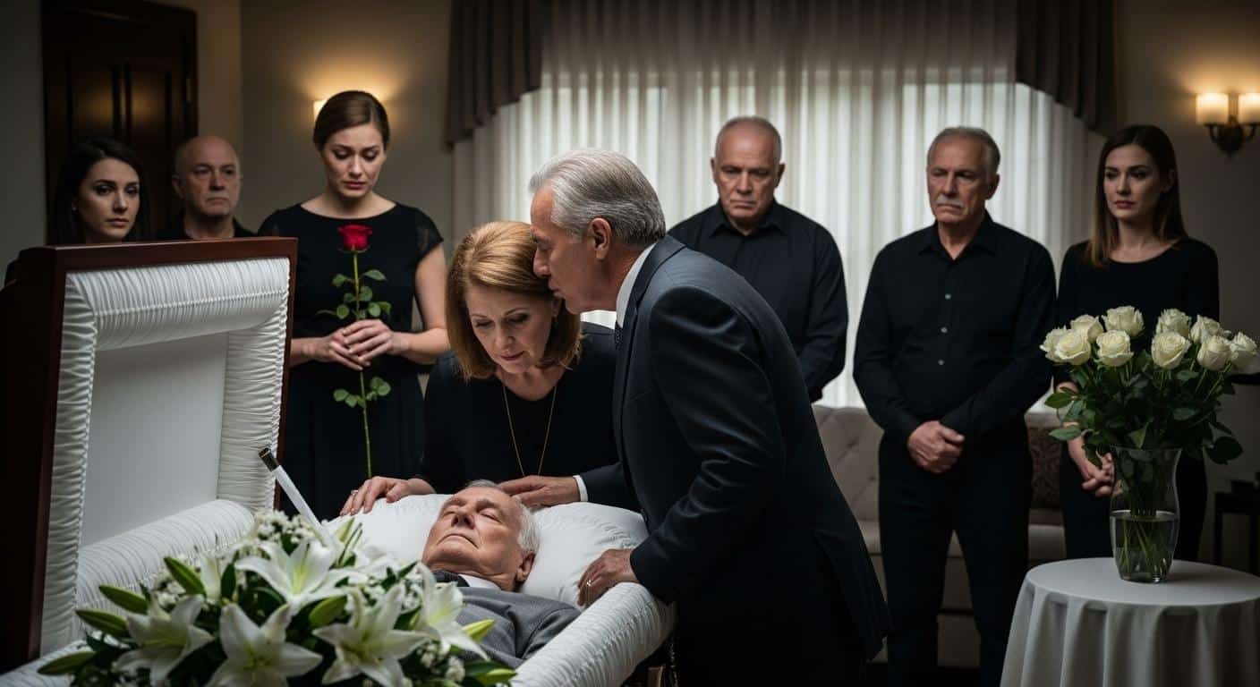 Un groupe de proches dans un salon funéraire, certains déposant un baiser sur le front du défunt allongé, d'autres observant en silence, une atmosphère solennelle et recueillie.