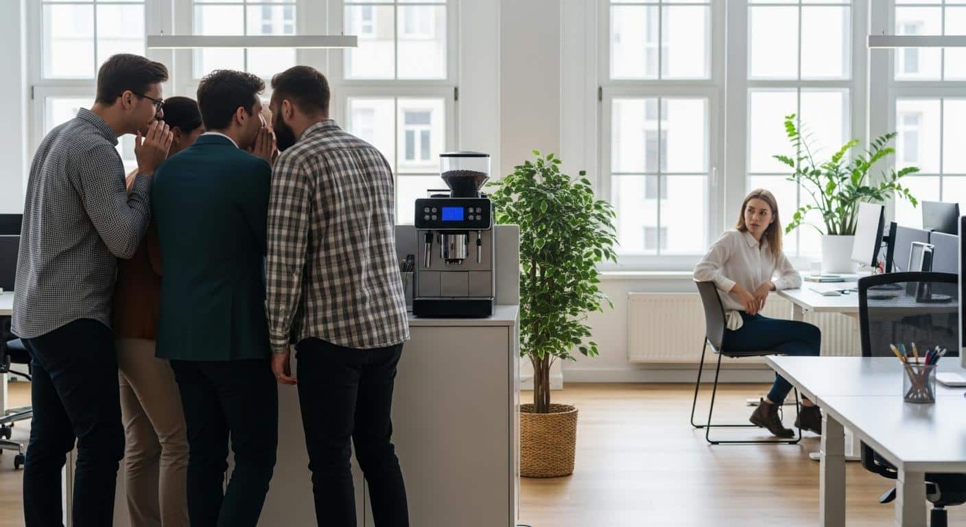 Un petit groupe d'employés chuchote près de la machine à café dans un open space moderne, lançant des regards furtifs à une collègue isolée qui semble mal à l'aise, soulignant une ambiance tendue et le malaise de la suspicion.