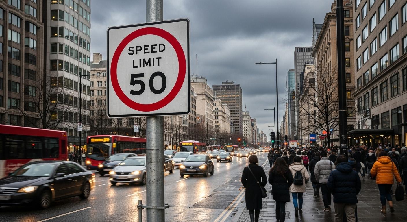 Un poteau de signalisation routière métallique bien ancré au sol, tenant un panneau de limitation de vitesse sur une route urbaine très fréquentée, avec des passants, des automobilistes, et un ciel nuageux d’hiver.