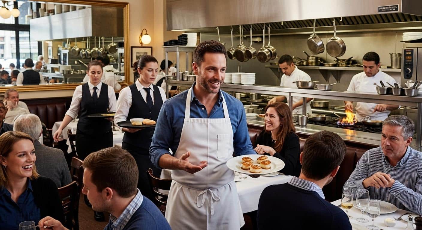 Un restaurateur sans diplôme organise une brasserie animée, jonglant entre les commandes en cuisine et les interactions avec les clients, entouré de serveurs et de clients attablés.