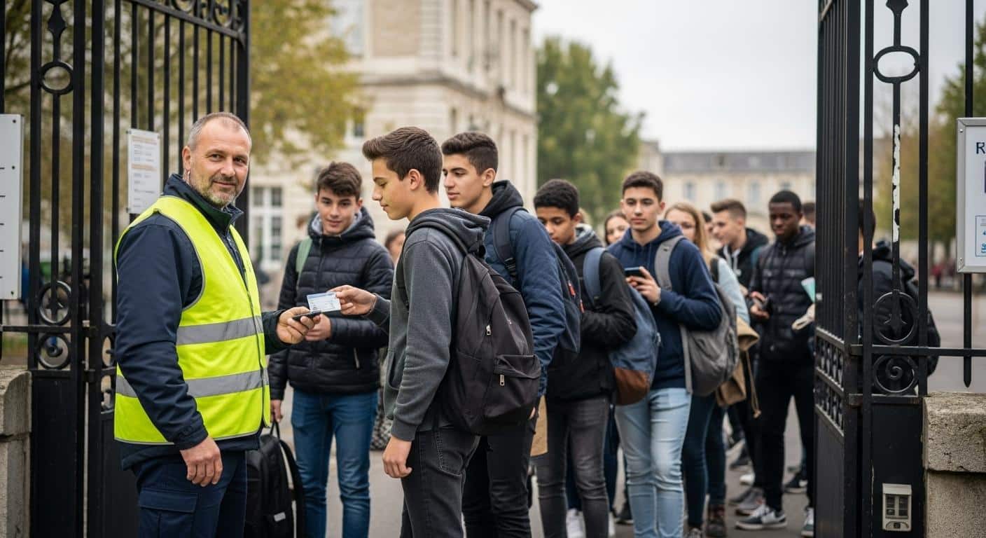 Un surveillant contrôle la carte d'identité scolaire d'un élève devant un portail de lycée, tandis que d'autres lycéens attendent en file, certains consultant leur smartphone, tous habillés en tenues ordinaires et sacs à dos, une scène de rentrée vivante et réaliste en France.