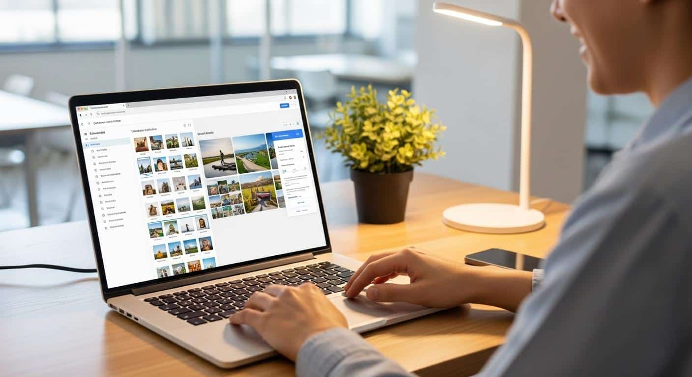 Un utilisateur assis devant son ordinateur portable sélectionne plusieurs photos à téléverser dans une interface web claire sur l'écran, une zone d’aperçu affichant la prévisualisation des images choisies, ambiance lumineuse de bureau moderne, gestes détendus.
