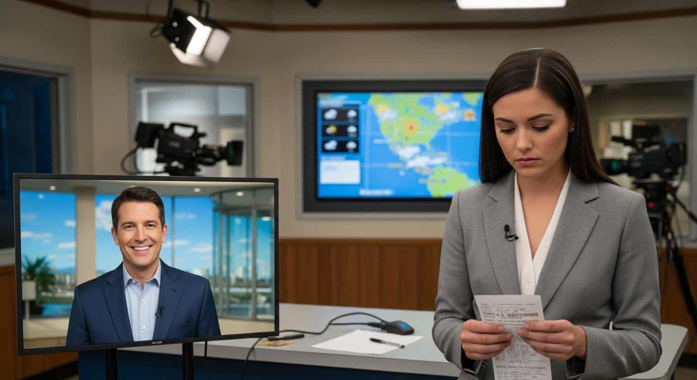 Une jeune présentatrice météo debout dans un petit studio local, devant un écran météo rudimentaire, regardant une fiche de paie avec un air pensif, tandis qu'à la télévision, une vedette météo sourit sous les projecteurs en studio national.