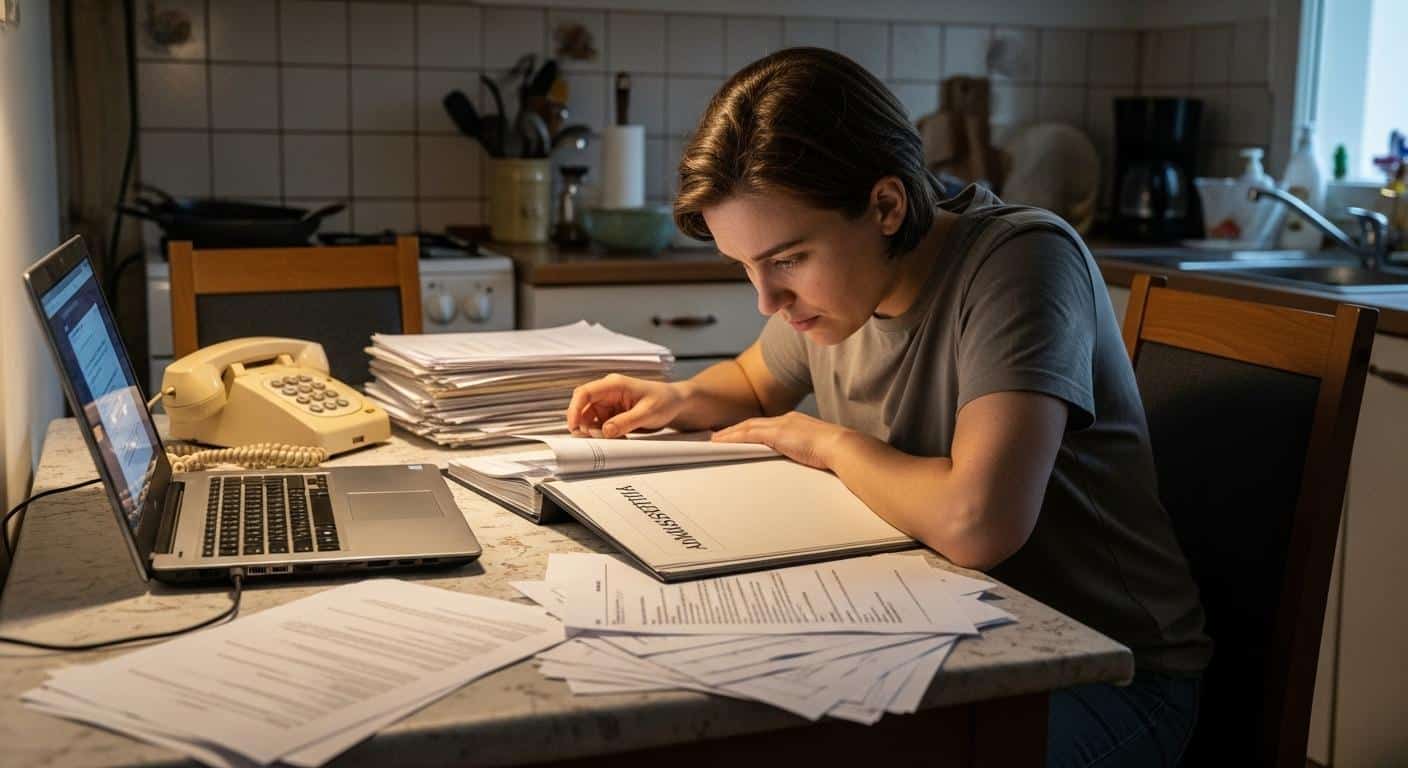 Une personne assise à une table de cuisine, un dossier administratif ouvert devant elle, entourée de papiers, avec un téléphone et un ordinateur portable allumés, le visage concentré, attendant des nouvelles du Conseil Départemental.