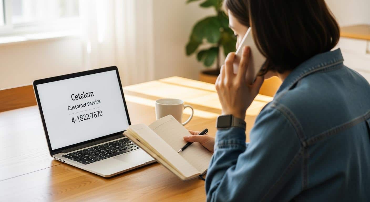 Une personne assise à une table devant un ordinateur portable, carnet à la main, téléphone à l'oreille, composant le numéro du service client Cetelem affiché à l'écran, dans un intérieur lumineux avec un mug à côté, atmosphère de quotidien paisible.