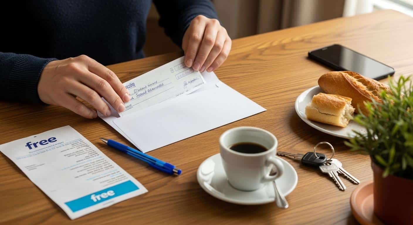 Une personne insère un chèque manuscrit dans une enveloppe, assise à une table avec une facture Free et un stylo, entourée d’objets quotidiens d’un foyer français.