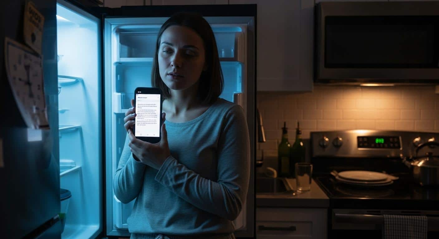 Une salariée consulte son smartphone tard le soir dans sa cuisine, découvrant un message de son manager l'informant d'un changement d'horaire pour le lendemain, avec la lumière du réfrigérateur éclairant son visage fatigué.