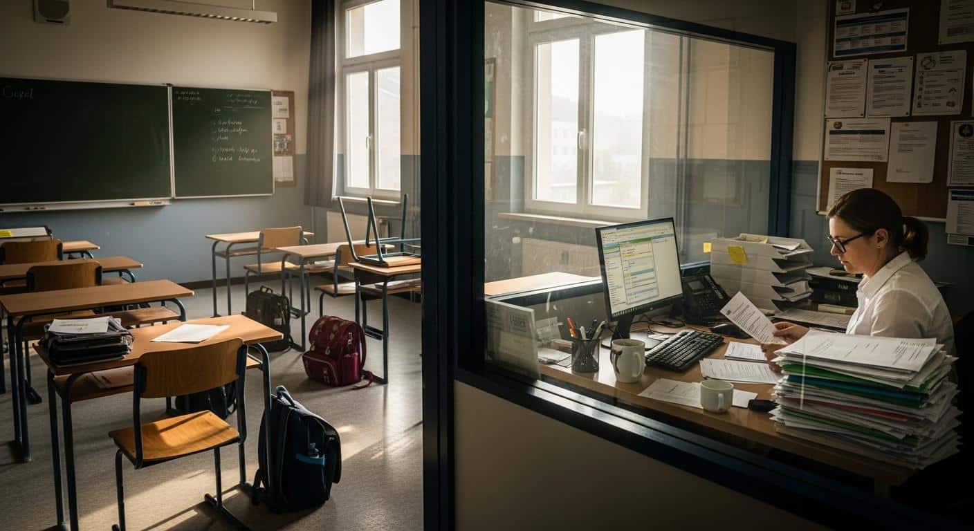 Une salle de classe vide au petit matin, quelques cartables posés sur les tables et une chaise laissée inoccupée, pendant qu'une secrétaire de vie scolaire traite des justificatifs d'absence empilés sur son bureau en consultant des certificats médicaux.