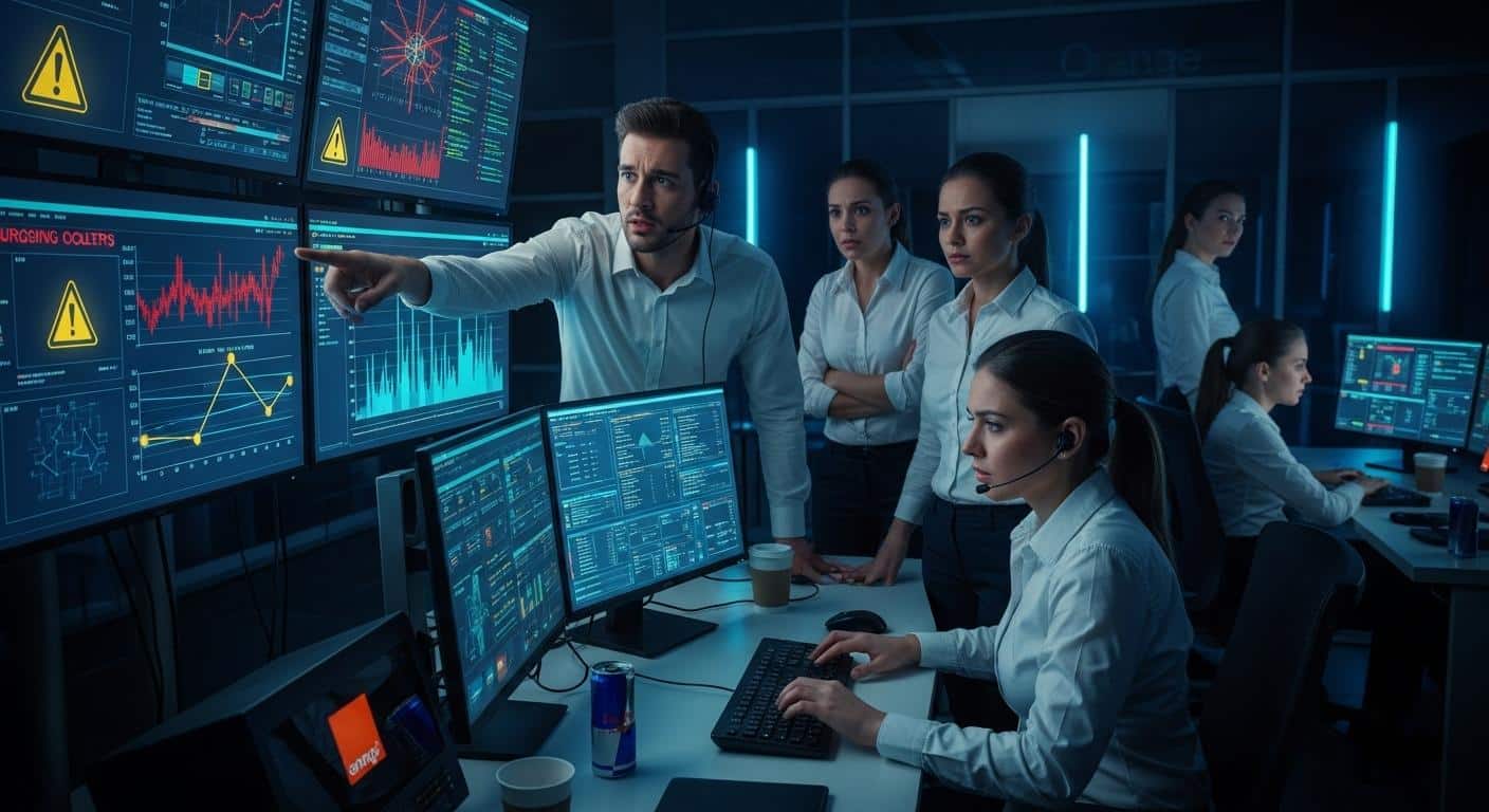 Une salle de contrôle informatique chez Orange avec des techniciens inquiets devant de multiples écrans affichant des alertes de sécurité, en pleine nuit, ambiance tendue.