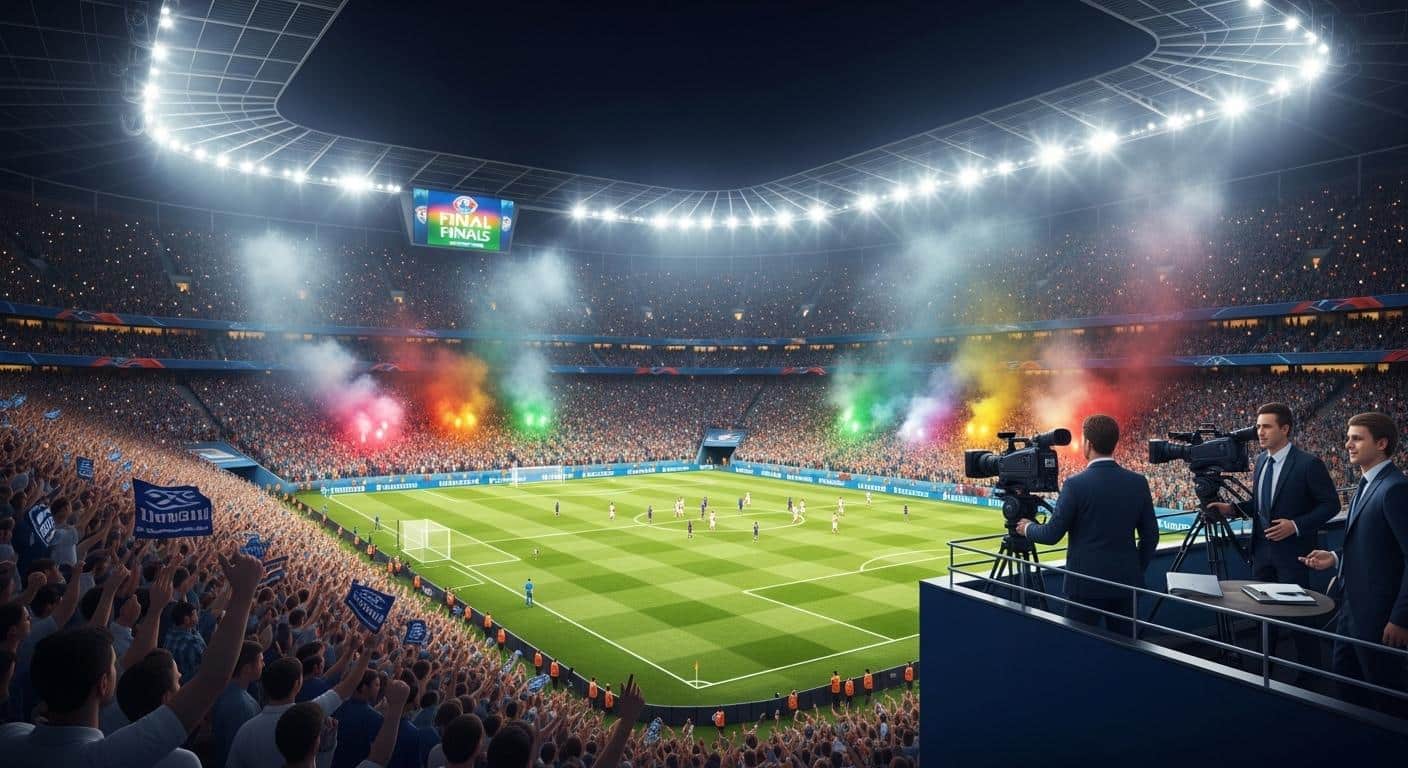 Vue d'un stade de football plein à craquer lors d'une grande finale, projecteurs allumés, tribunes bondées de supporters en liesse, drapeaux et fumigènes colorés, contraste avec un coin du stade où quelques VIP négocient en costard sous le regard de caméras de télévision.