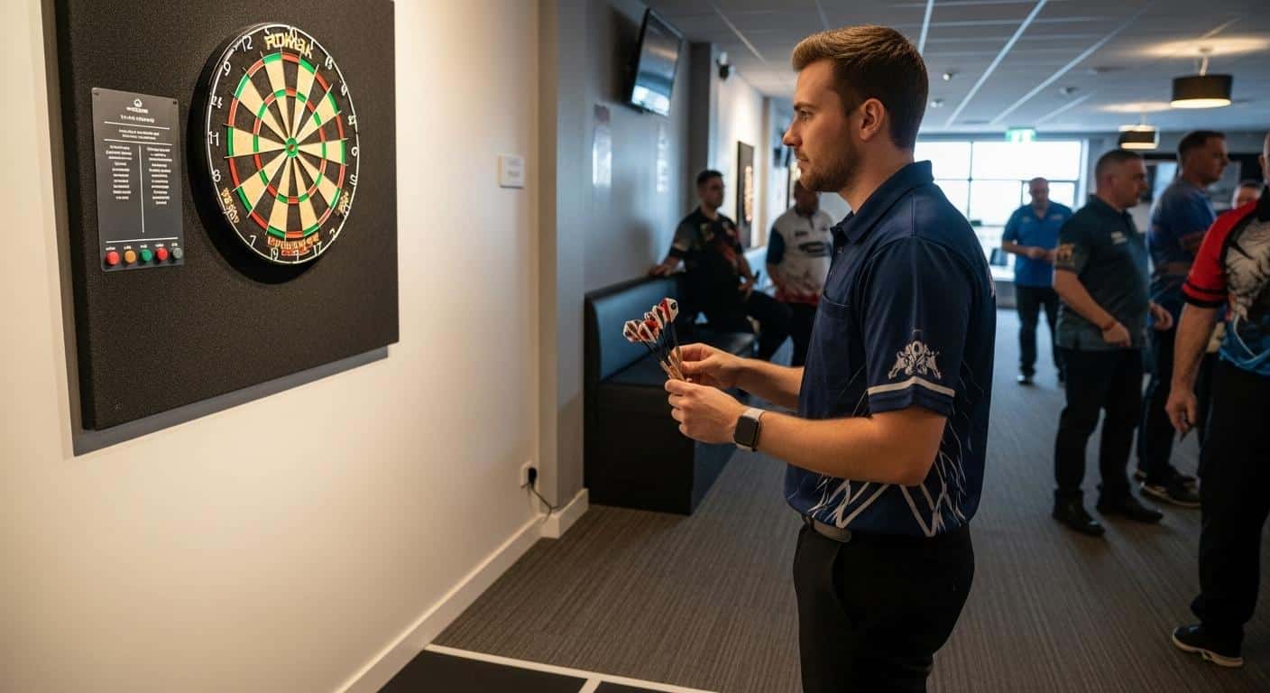 Un joueur concentré tient trois fléchettes dans une main devant une cible aux couleurs vives fixée au mur, la ligne de tir bien marquée au sol, dans une salle éclairée, d'autres joueurs et des spectateurs attendant leur tour autour, ambiance conviviale de compétition.