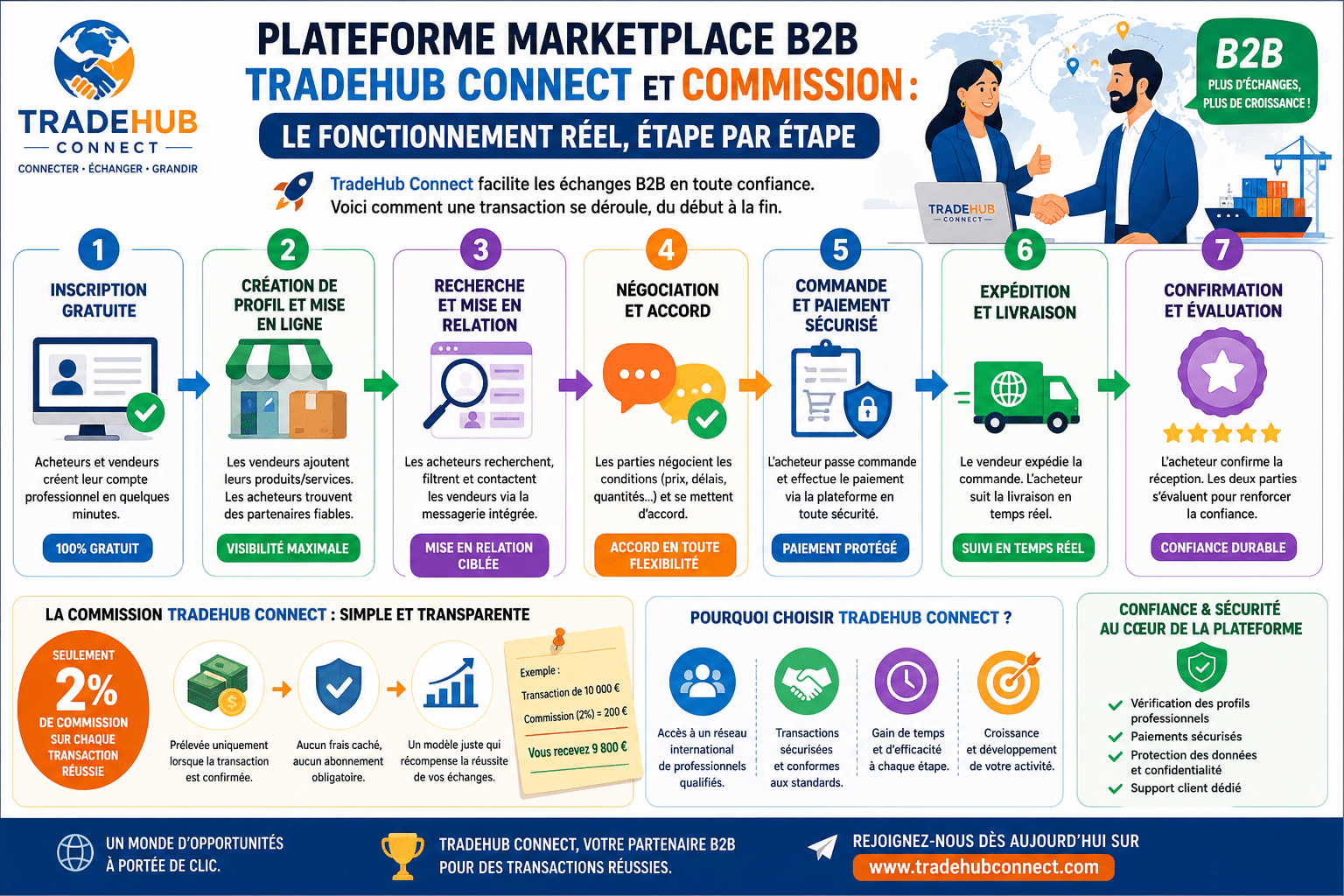 Infographie : Plateforme marketplace B2B TradeHub Connect et commission : le fonctionnement réel, étape par étape